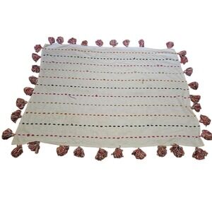 Boho Textured Woven Throw Blanket with Colorful Embroidery and Large Tassels